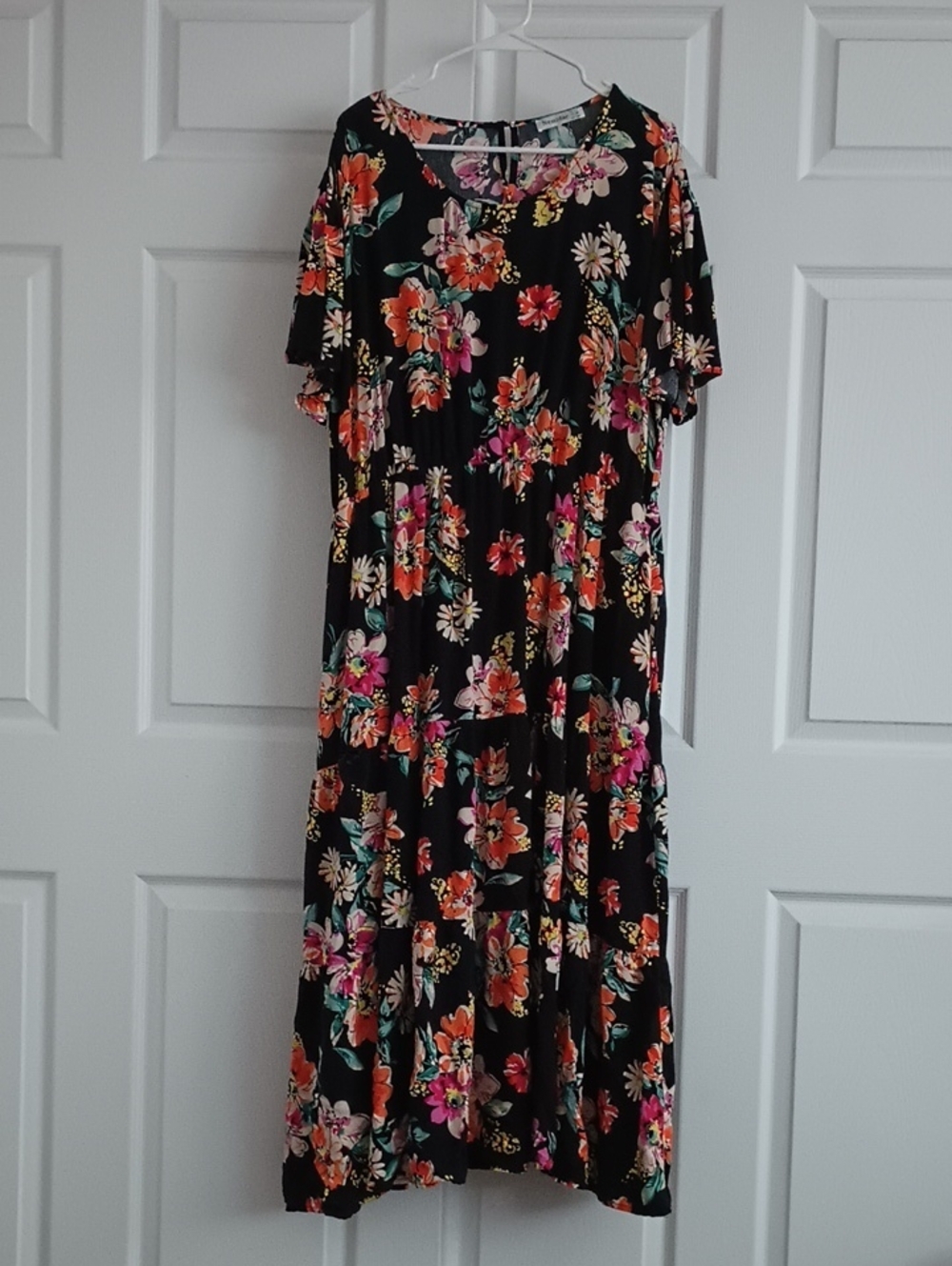 #. Nemidor Black Floral Tiered Midi Dress with Pink & Orange Blooms.W/Pockets 20